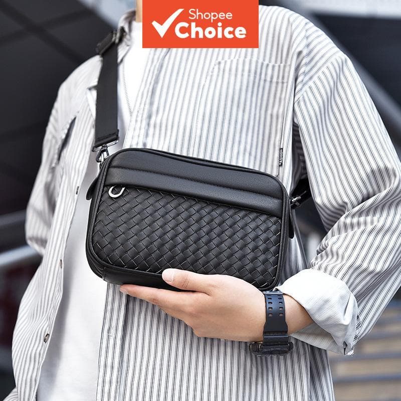 Bolsa masculina de ombro trançada, bolsa tiracolo, bolsa esportiva de couro PU, bolsa de armazenamento, mini mochila