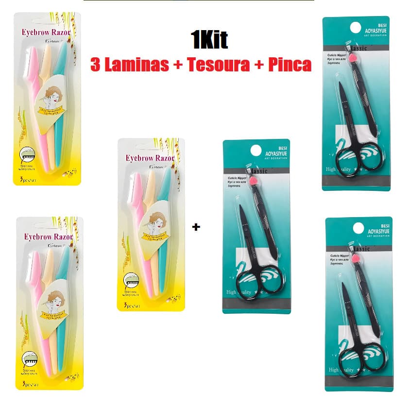 Kit para Design de Sobrancelhas com Lâminas, Tesoura e Pinça | 5 Peças | 1, 2, 3 ou 6 Kits