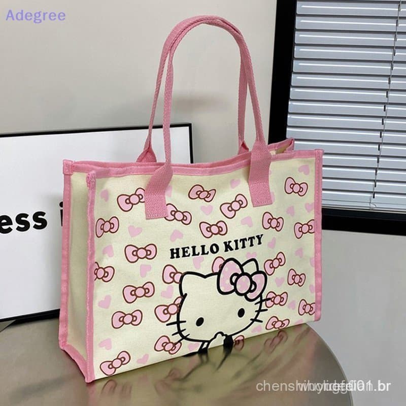 Adegree Hello Kitty Todos Os Jogos Bolsa De Lona Feminina Commuter Ombro Menina Estudante Grande Capacidade Dos Desenhos