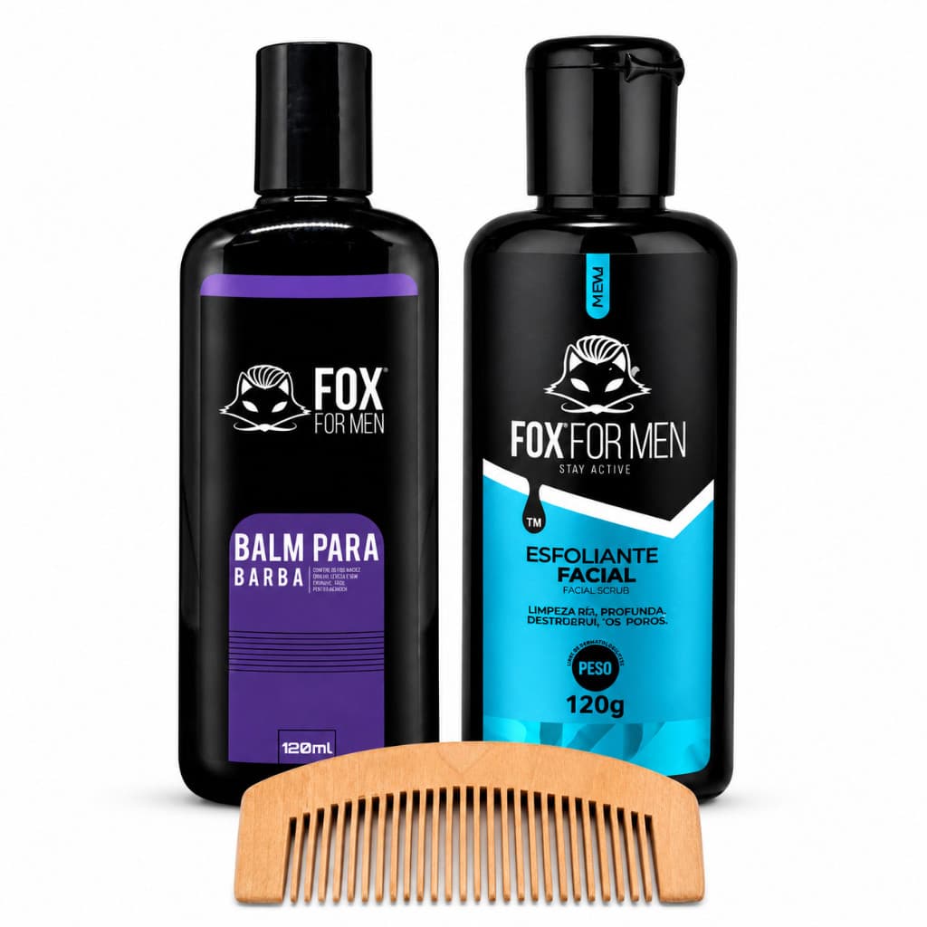 Kit Barba 3 em 1 Esfoliante Pré-Barba 120g + Balm 120ml + Pente Madeira Fox For Men Barba Alinhada
