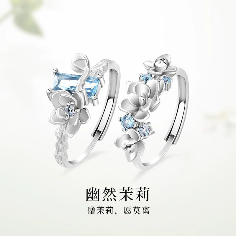 Jasmine casal anel feminino luz luxo High-End azul diamante zircão namorada casal anel elegante All-Match pequeno fresco