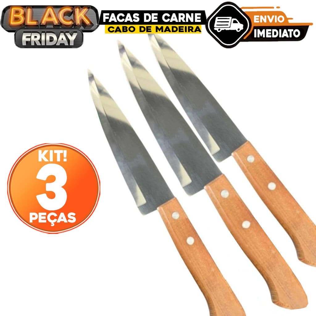 KIT DE 3 FACAS DE CARNE LEGUMES PEIXEIRA DE INOX 6 '' CABO MADEIRA