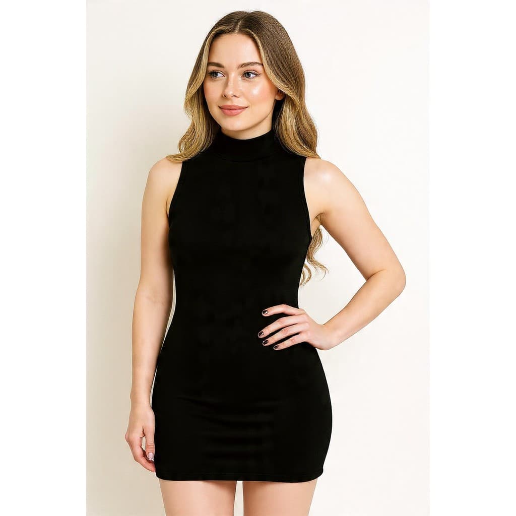 Vestido feminino moda curto estica gola alta manga cavada regata moderna