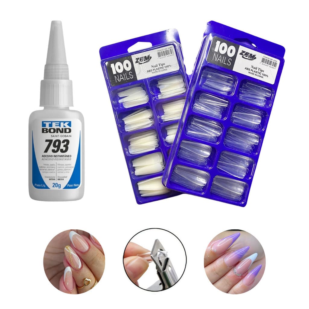 Kit 100 Unhas Postiças BAILARINAS Natural Realista + Cola Tek Bond 793 20g