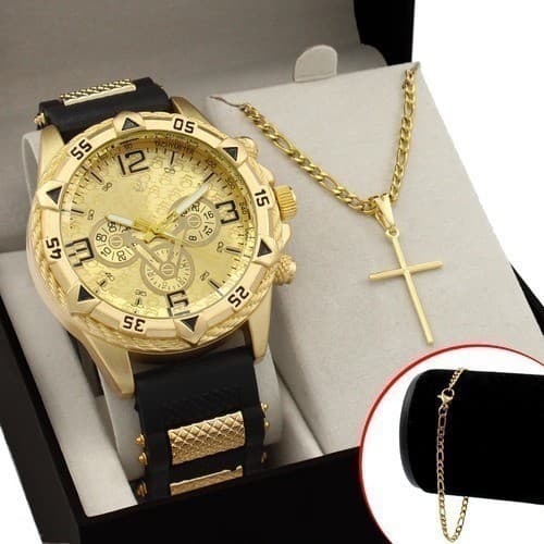 Kit Relógio Masculino + Corrente Cruz Ouro 18k Dourado Pulseira de Silicone