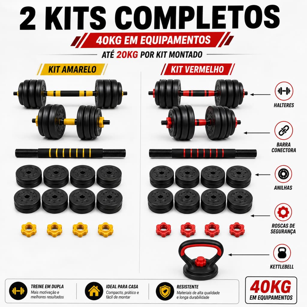 Kit Halteres Colômbia  x Portugal  40kg Ajustável 6 em 1 + 3 em 1 Ahead Sports