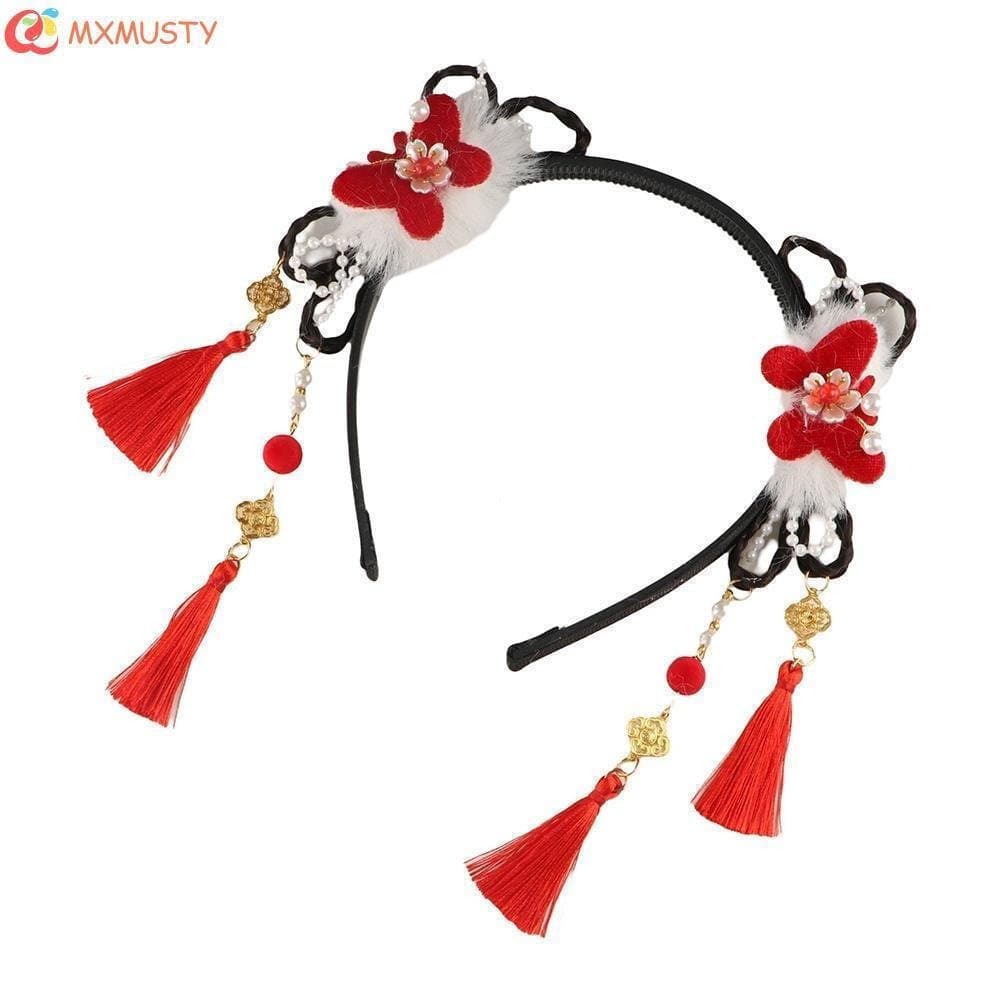 MXMUSTYZA Flor Borla Bandana , Antigo Pérola Hanfu Peruca Bonito Vermelho Estilo Chinês Ano Novo Headwear
