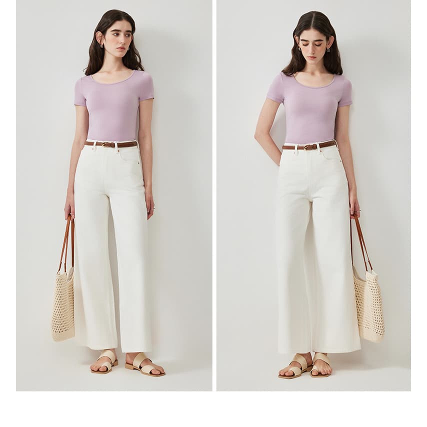 Roupas femininas de estilo minimalista, manga curta adequada para a pele, camiseta com gola redonda, camisa de fundo Sli