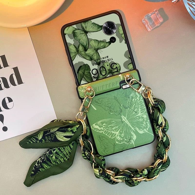 Capa para Motorola Razr 60Ultra/60/50U- Estampa Borboleta Verde, com Pulseira de Cetim/Sciarpina Removível, Anti-queda