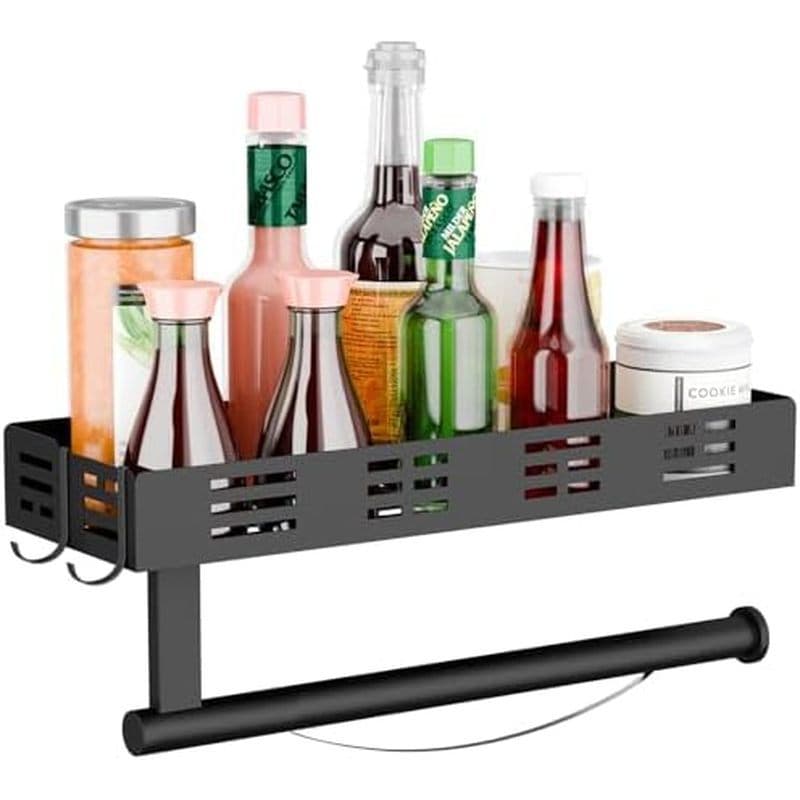 Suporte De Toalha De Papel Preto Com Prateleira , De Cozinha De Aço Inoxidável Parede Rack De Especiarias Autoadesivo Pa