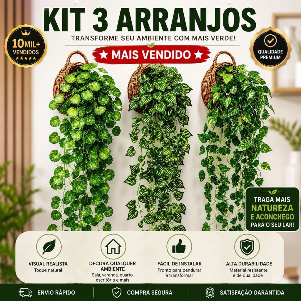 Kit com 3 Vasos Sintéticos Trançados e 6 Folhagens Pendentes Decorativas