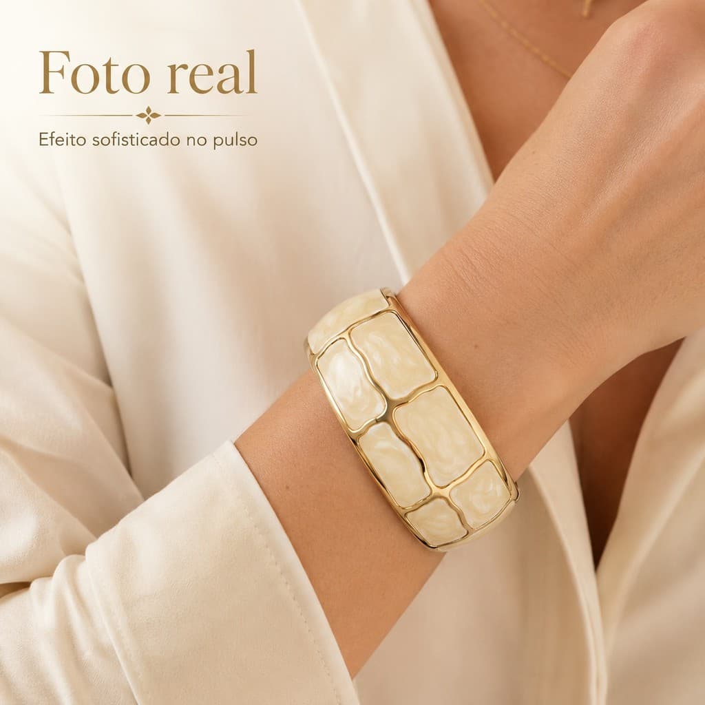 Bracelete Feminino Rígido Dourado Em Aço Inoxidável Efeito Perolado Marcante Usado Sozinho Completa O Look