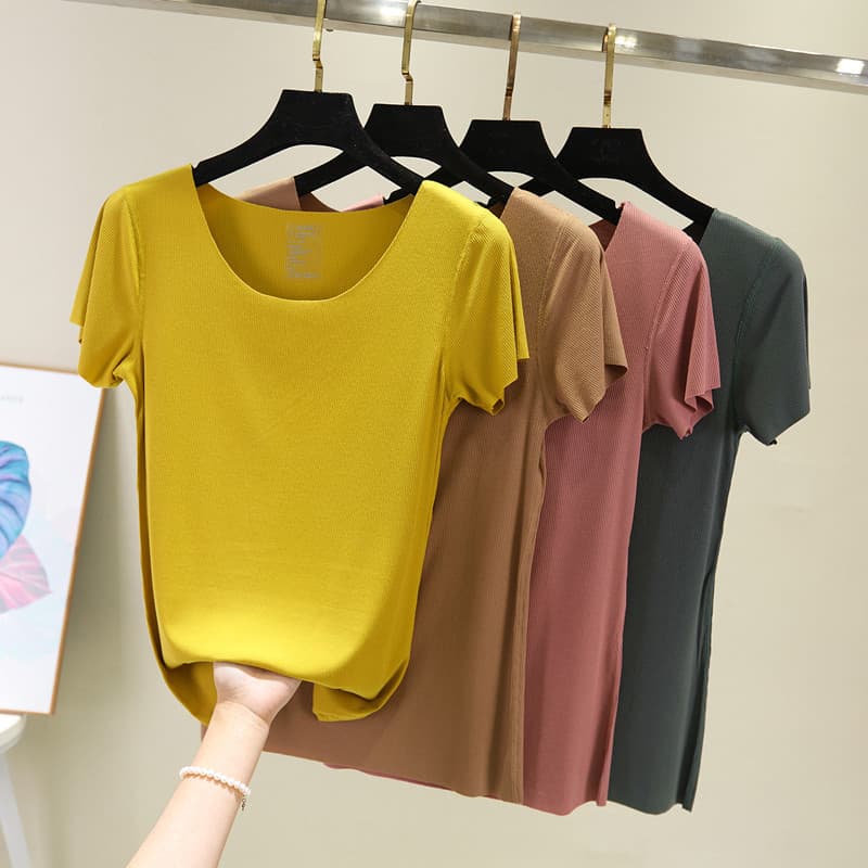Desgaste exterior modal sem costura camiseta feminina verão fino-ajuste baixo pescoço interno em torno do pescoço modal