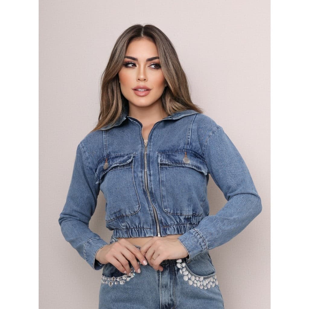 Jaqueta Jeans Feminina Sem Lycra Manga Longa Detalhe De Ziper, Revesst Jeans.