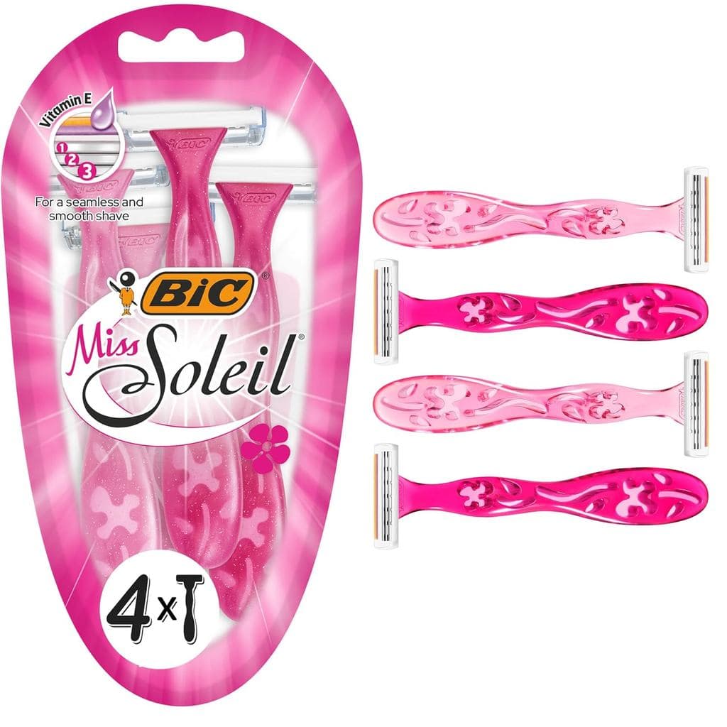 Lâminas de Barbear BIC Miss Soleil para Mulheres, Lâminas Descartáveis de Três Lâminas com Cabos em Forma de Flor Rosa,