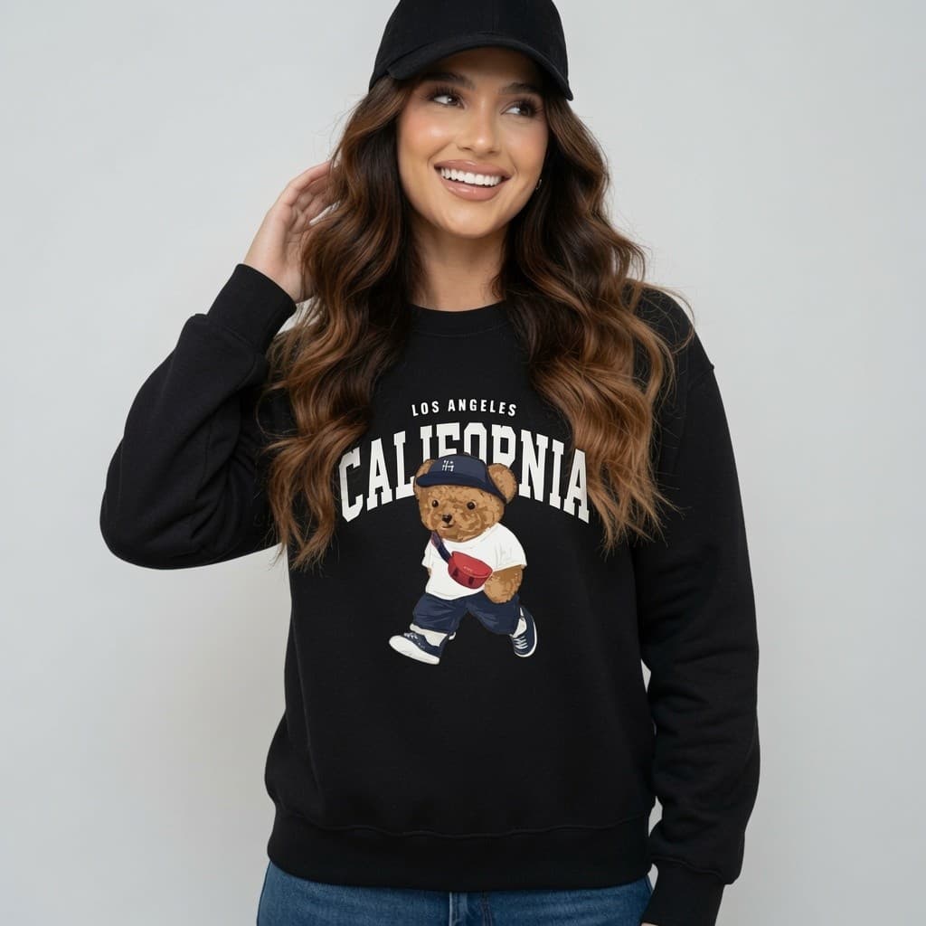 Blusa de Frio Moletom Algodão Feminino Gola Redonda Bear Blusão Tendência Moda Casaco Urso Blogueira