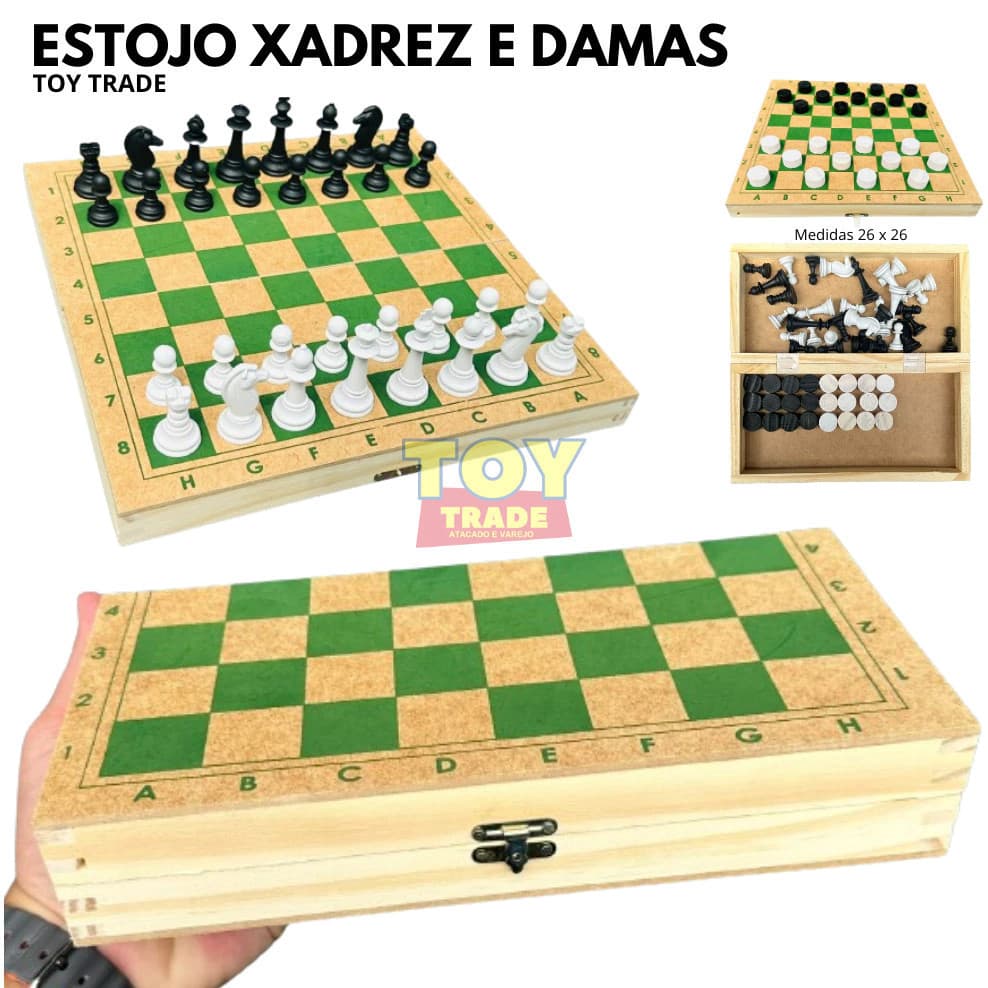 Jogo Xadrez E Damas Em Madeira Vira Estojo Padrão Escolar 2 em 1 - 32 peças xadrez + 24 pçs de dama