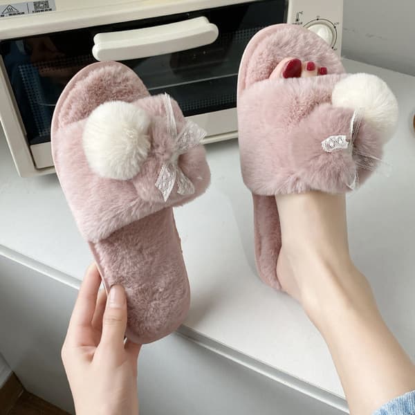 | slippers | ♫Nova cor combinando arco chinelos peludos feminino outono inverno casa fundo plano antiderrapante dedo do