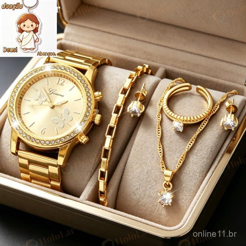 Conjunto 6PCS Relógio Mulher Moda Quartzo Borboleta Marca De Luxo Desenho Senhoras Pulseira De Aço Inoxidável HL