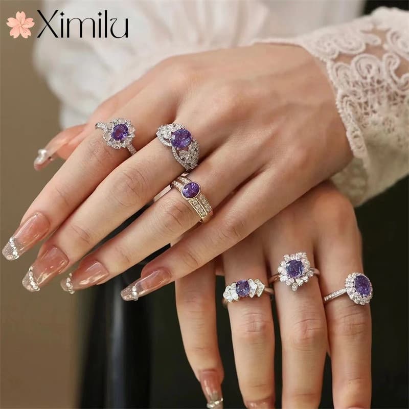 ♥ Luxo mesmo estilo série ametista tesouro colorido simples anel de prata feminino elegante jóias