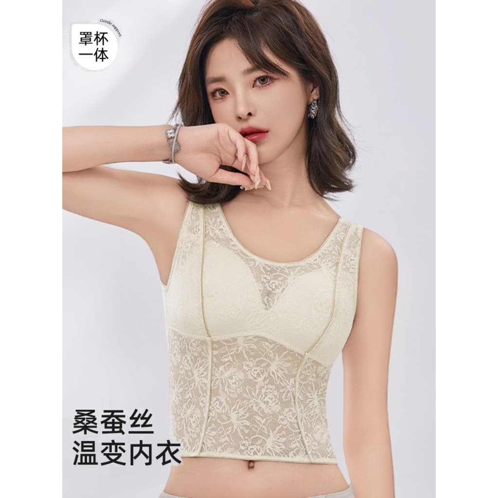 Renda feminina estilo fino verão tubo superior roupa interior Anti-reflexo amoreira seda Bottoming ombro largo topo boni