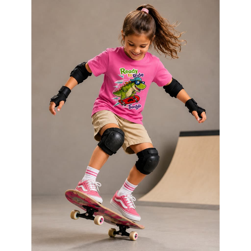 Camiseta Infantil Menina Dinossauro Andando de Skate Confortável 100% Algodão