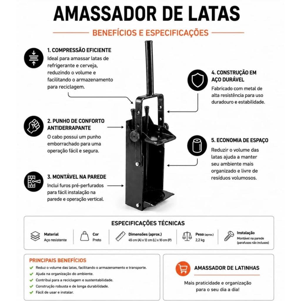 AMASSADOR E ESMAGOR DE LATINHAS E LATÃO COM REGULAGEM EM FERRO DE ALTA DURABILIDADE