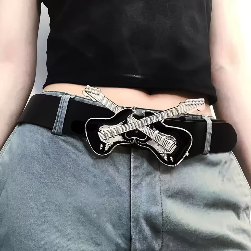 Cinto Decorativo Feminino, Cinto Casual Versátil com Fivela de Guitarra, Cinto de Moda Rock Punk