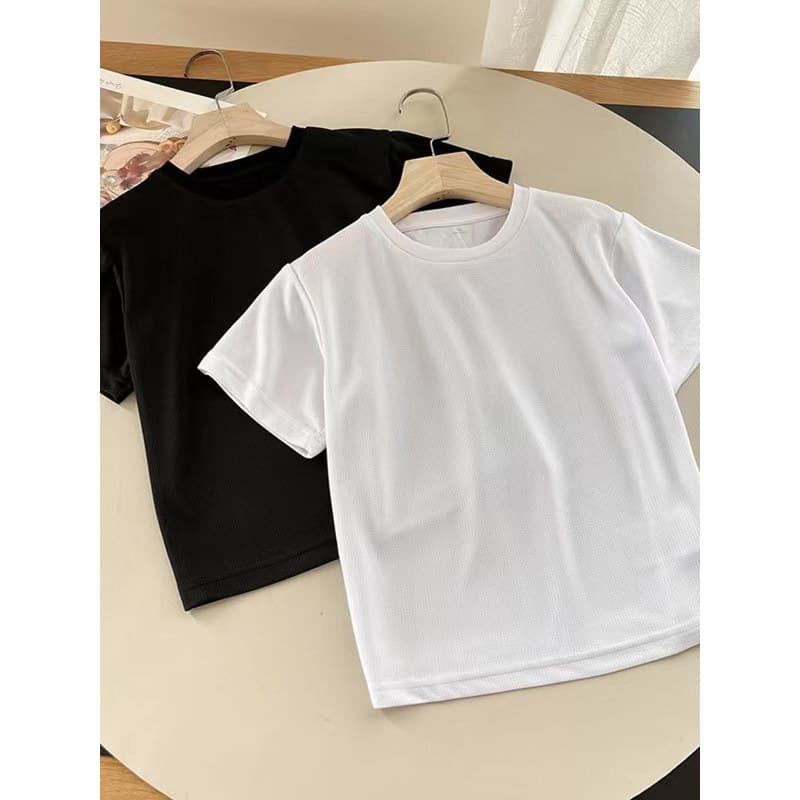 Japonês único 2025 verão roupas infantis/meninos/meninas de secagem rápida em torno do pescoço camiseta cor sólida espor