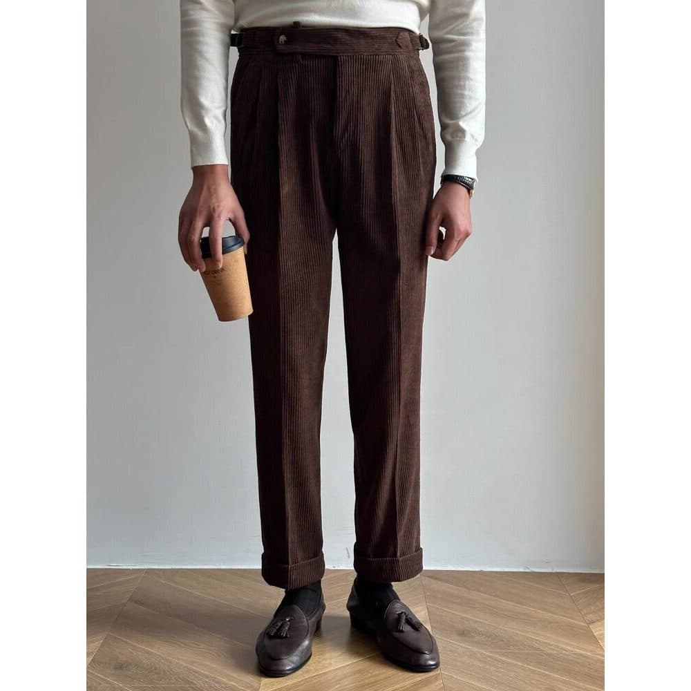 Italiano Retro nápoles Paris abotoado calças Curling borda Casual na moda outono inverno temperamento calças