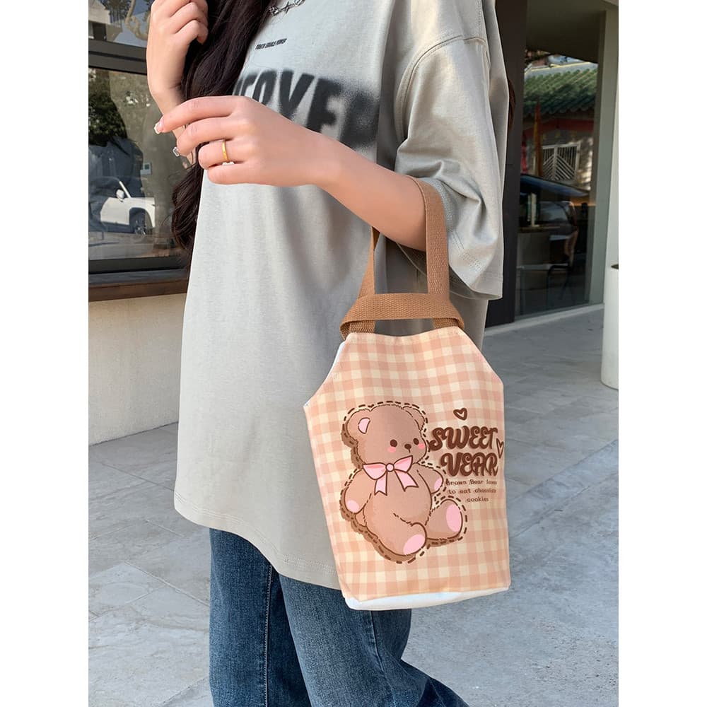 Estilo dos desenhos animados urso xadrez bolsa de lona feminina grande capacidade bolsa bonito Commuter saco de compras