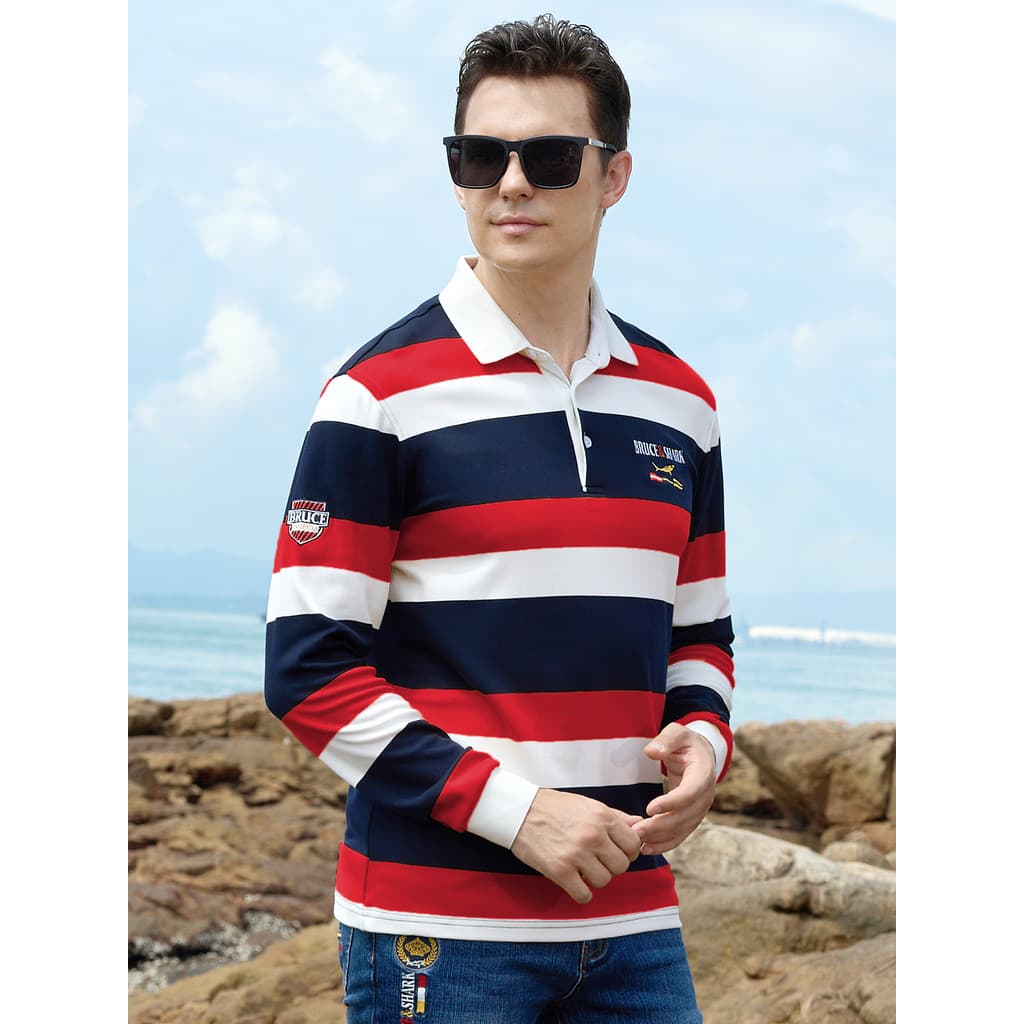 Primavera outono listrado camiseta masculina Plus Size camisa Polo de manga comprida Bruce Shark Street Wear grosso masc