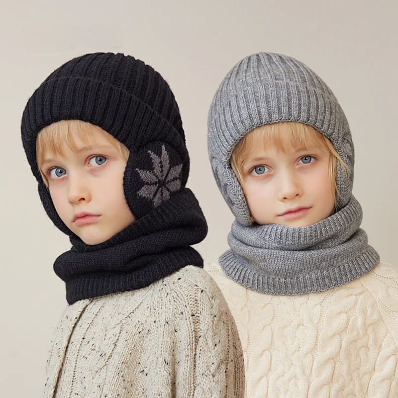 2 Pçs De Malha Crianças Chapéu De Inverno Cachecol Forro De Lã Orelhas Proteção Gorro Pescoço Mais Quente Criança Menino