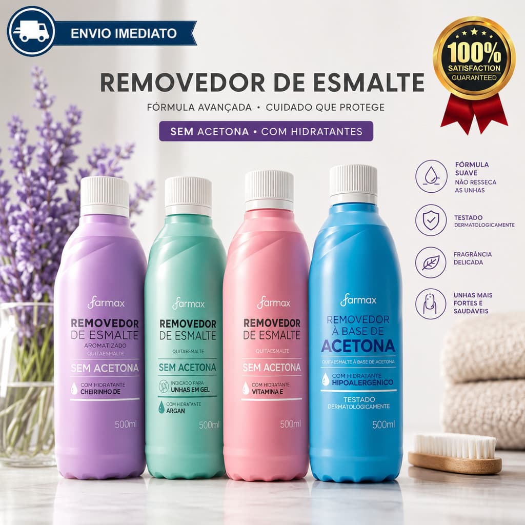 Removedor Sem Acetona Farmax 500ml Vit E, Uva e Argan P/ Retirar Esmalte de Unha Gel Envio Imediato