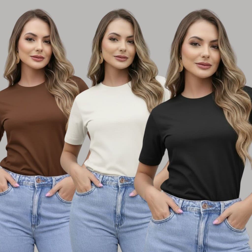 Kit 3 T-Shirt Algodão 30.1 Comfort Confortavel Estilosa Baby Look Casual Básica Urbana