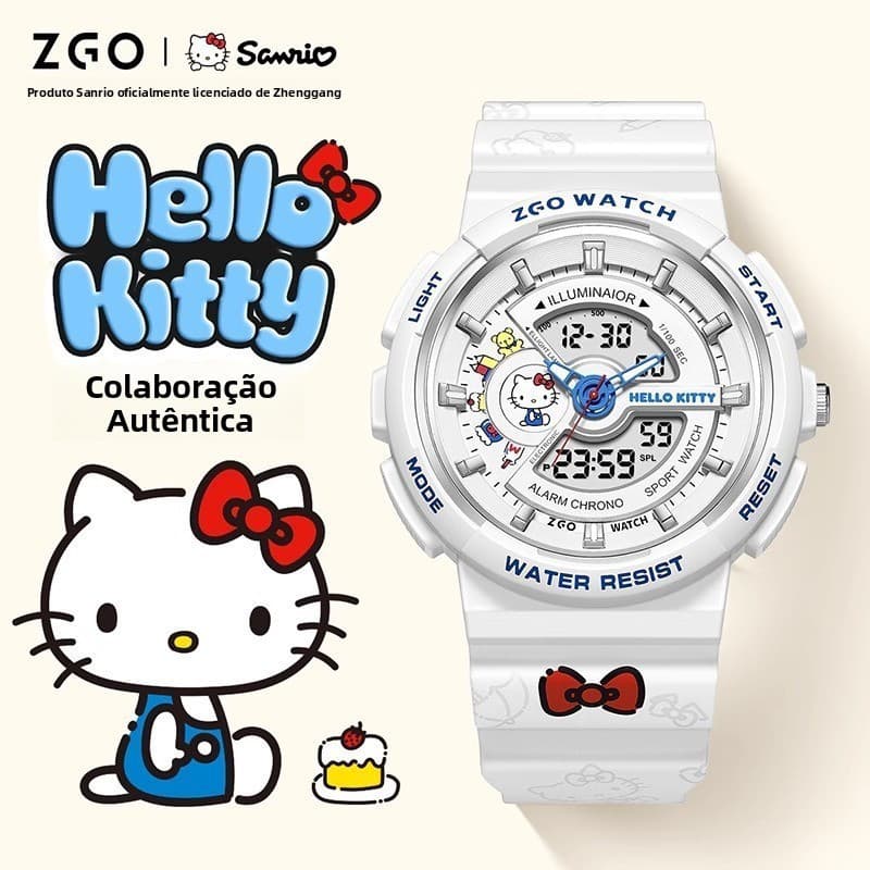 Relógio feminino autêntico da Sanrio Hello Kitty, relógio eletrônico esportivo multifuncional à prova d'água.