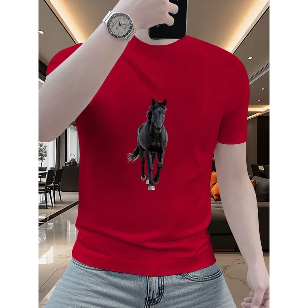 2026 verão novo estilo de manga curta masculina frito rua impresso vermelho camiseta em torno do pescoço All-Match magro