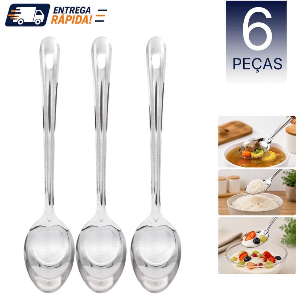 Colher De Arroz GRANDE Cabo Longo 100 % Aço Inox  Casa Restaurante Buffet kit Com 6 ou 3 Colheres