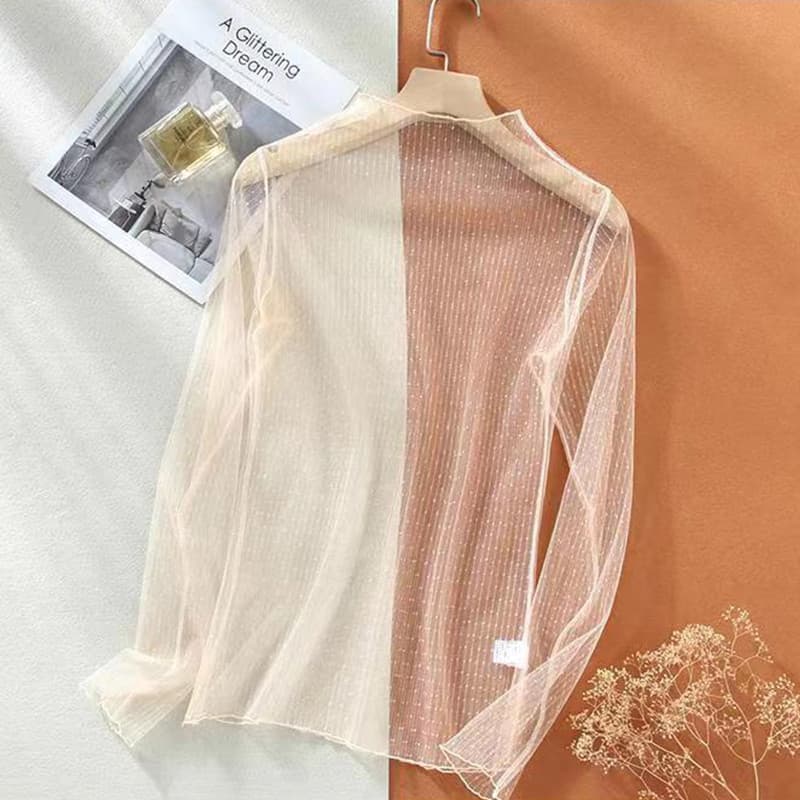 Glitter Listra Vertical Malha Manga Longa Topo Simulado Pescoço Transparente Camadas Finas Camisa De Proteção Solar Jogo