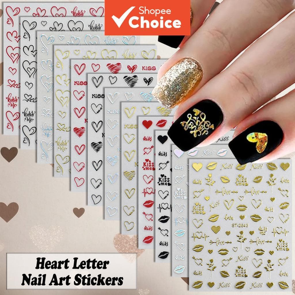 3/6/12 Folhas Adesivos de Arte para Unhas em Formato de Coração, Beijo Labial Kiss Me, Autoadesivos, Design de Amor,