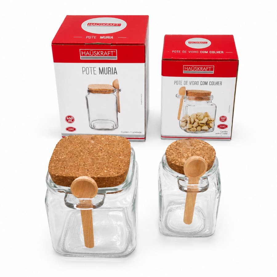 kit 2 Potes De Vidro Com Colher Muria Hauskraft Porta Tempero Café Açúcar