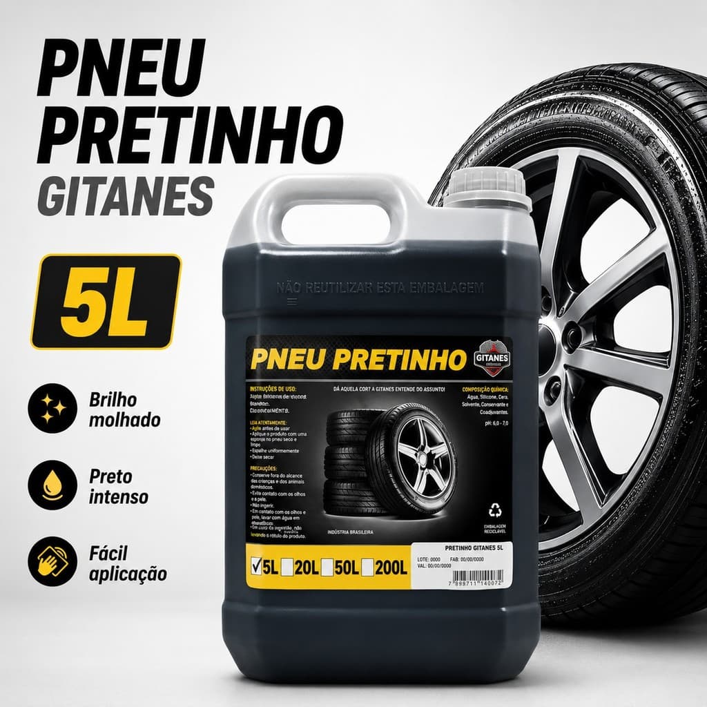 Abrilhantador Líquido Gitanes Pneu Pretinho 5L Para Pneus de Carro, Efeito Brilho Molhado