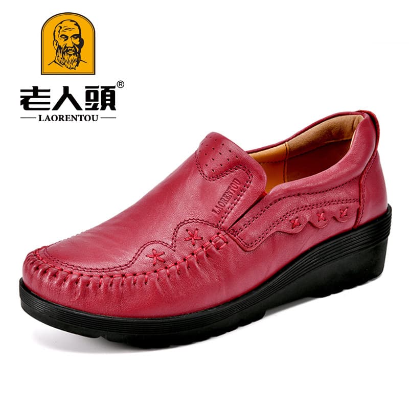 Velho cabeça mãe sapatos de sola grossa couro genuíno cunha salto sapatos femininos primavera boca profunda pé