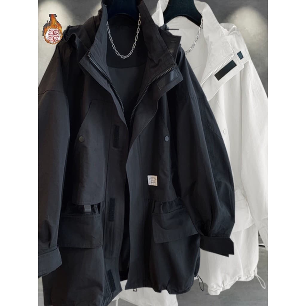 Zíper com capuz roupas de algodão jaqueta masculina inverno engrossado versão coreana na moda ferramentas bolso bonito C