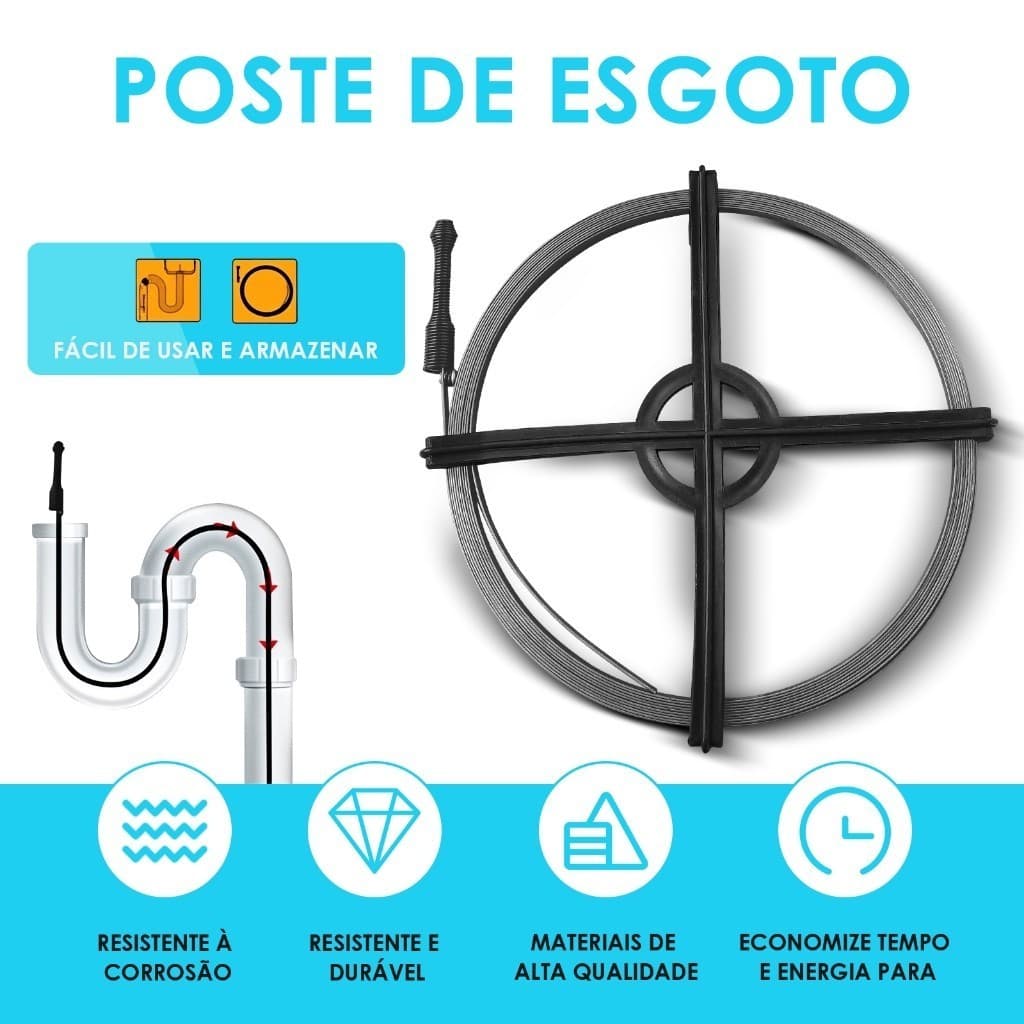 Desentupidor Manual Rotativo De Ralos 4,5 Metros Dobrável Com Mola Flexível Fabricado Em Aço Inoxidável.
