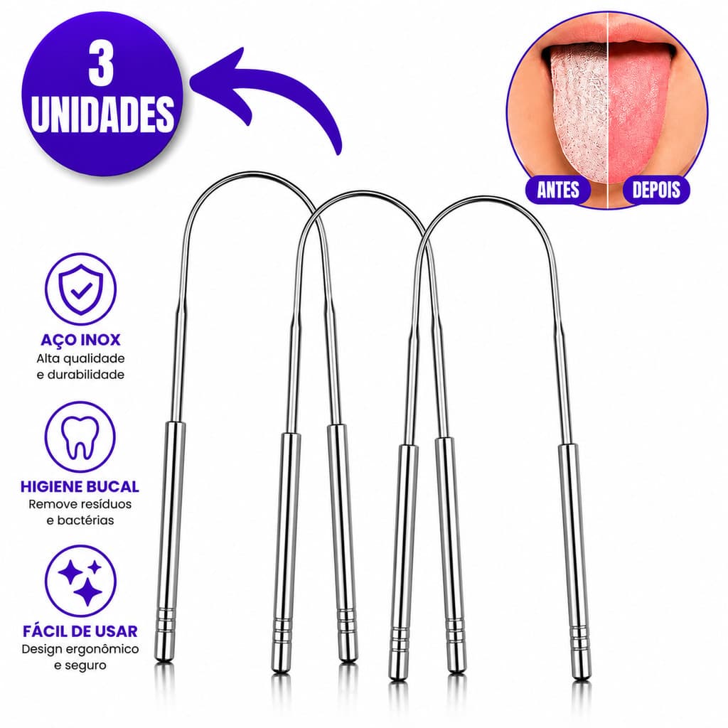 Raspador de Língua em Aço Inox para Higiene Bucal, Limpeza Oral e Uso Diário