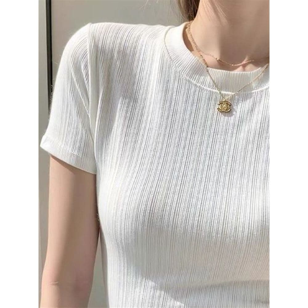 Novo estilo de algodão com rosca de manga curta camiseta feminina verão em torno do pescoço fino ajuste ombro exterior u