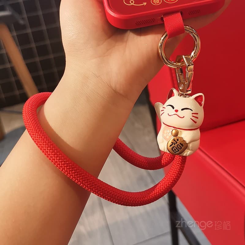 Cordão de telefone móvel alça de pulso curto feminino cinta de telefone móvel sorte gato pingente alça de mão clipe esti