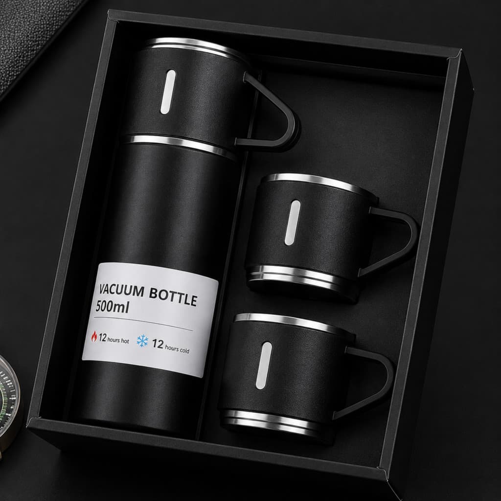 Kit Garrafa Térmica 500 ml com 3 Xícaras para Bebidas Quentes e Frias