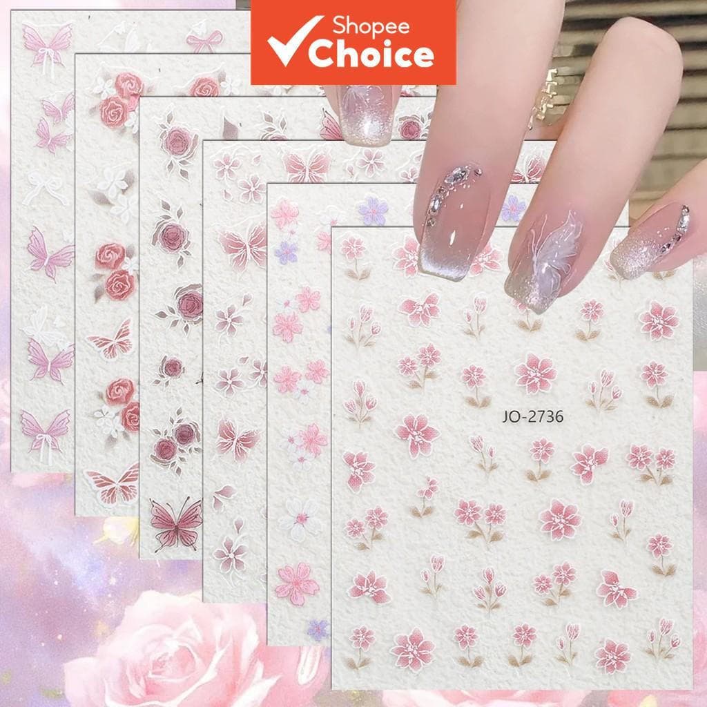 3/6/12 Folhas de Adesivos para Unhas Artísticas 3D Florais Rosa, Decalques de Flores e Borboletas em Relevo, Enfeites